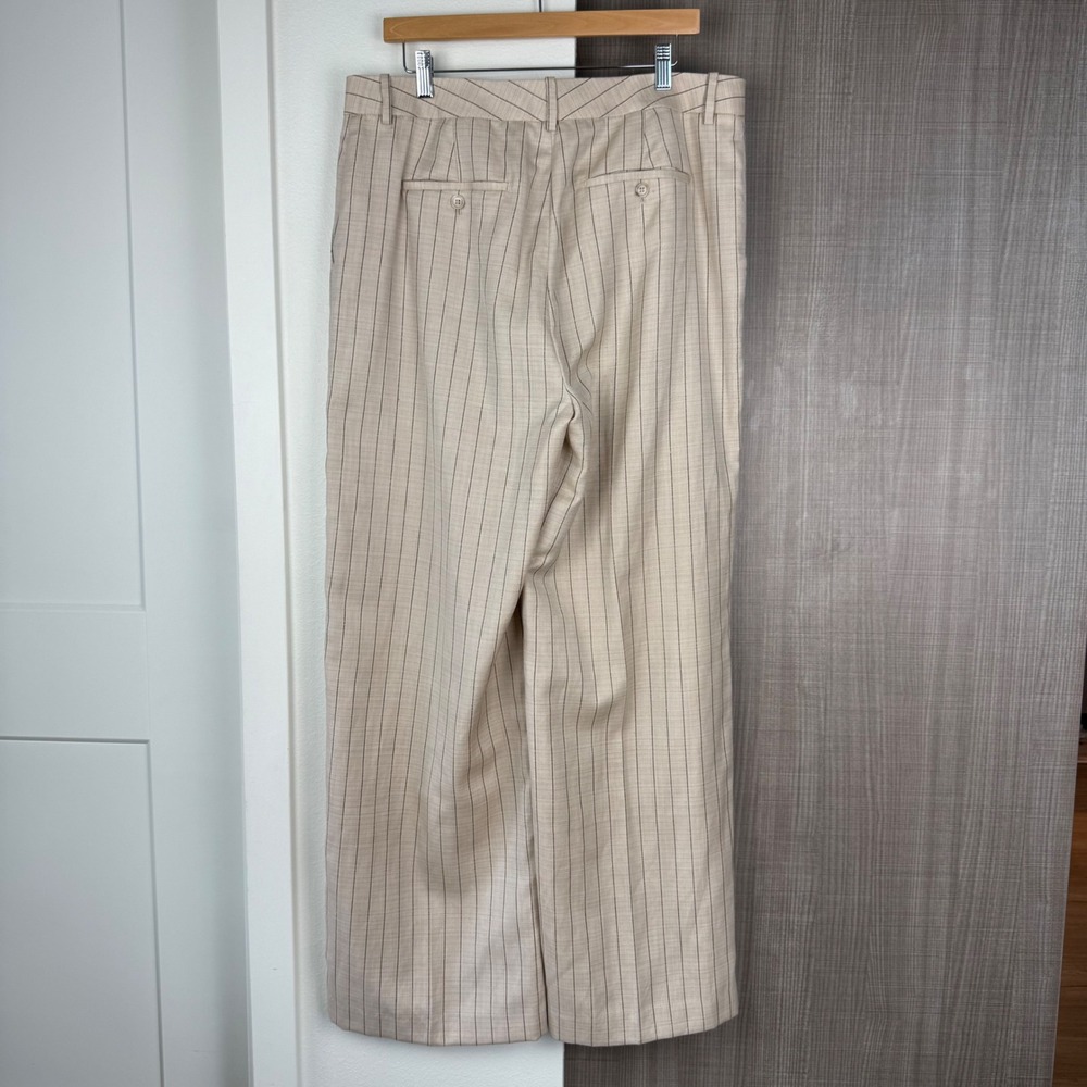 REISS Wool Linen Blend Striped Wide Leg Trouser Pants in Neutral Size 14 - Picture 7 of 11